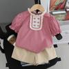 Moda Veraniega para Niñas, Ropa Linda para Bebés y Niños 2024 Nuevo Conjunto de Dos Piezas para Bebé Niña con Cuello de Encaje y Botones