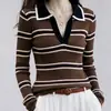 Suéter de Punto Sin Mangas Color Block Rayado con Cuello Polo Estilo Coreano para Mujer, Primavera, Otoño, Invierno, Corte Ajustado, Adelgazante, Suéter Superior de Abrigo