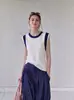 Top de tricô branco simples slim fit com gola redonda, manga bufante e painel de ombro em cor contrastante, estilo francês 10630