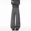 Pantalones rectos vintage marrones de largo completo, pantalones de trabajo americanos deconstruidos para hombre, pantalones anchos fluidos con múltiples bolsillos y patchwork, estilo de calle