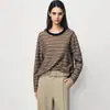 Camiseta Holgada de Manga Larga para Mujer, Estilo Nuevo Primavera y Verano, Algodón y Seda, Cuello Redondo Informal Perezoso, Rayas Tridimensionales, Bloques de Color, Borde Enrollado