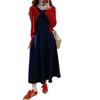 Talla grande chica gordita Vestido de cintura chaleco de mezclilla azul oscuro Cárdigan rojo de manga larga con protección solar Conjunto de dos piezas para primavera