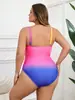Nuevo traje de baño de una pieza talla grande estilo europeo y americano para mujer, cuello en V degradado, fruncido y plisado, disimula la grasa corporal, talla grande, adecuado para aguas termales y vacaciones en la playa
