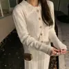 Conjunto de punto calado vintage estilo francés color blanco roto para mujer, conjunto de dos piezas para invierno casual, suéter cárdigan y falda suaves y acogedores