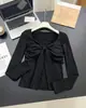 Camiseta Sexy de Terciopelo Cálida de Manga Larga con Lazo 'Pure Desire' para Mujer, Top Base Ajustado y Delgado con Cuello en V para Otoño e Invierno