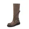 Atuendo de Blogger: Hebilla de Cinturón Botas de Caballero 2026 Invierno Gruesas de Tacón Medio Punta Redonda Piel de Vaca Slip-On Caña Alta Botas Largas para Mujer, Talla 41 Grande