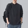 Shanggu Ropa para Hombre Camiseta Henley Retro Americana Sudadera de Color Sólido Texturizada Manga Larga de Peso Pesado Cuello en V Top Casual