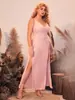 Vestido Largo de Malla Sexy Talla Grande Europeo y Americano Transparente con Abertura Alta Espalda Descubierta Conjunto de Vestido Lencero Transparente con Tirantes 6995