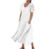 Vestido Feminino Transfronteiriço Europeu e Americano Amazon Cor Sólida Gola Redonda Manga Curta Bainha Longa Solta