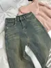 Jeans Reto Grosso com Forro de Fleece Azul Vintage Feminino Inverno Plus Size Menina Cheinha Cintura Alta Elástico Cobre o Quadril Emagrecedor Micro Flare