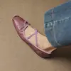 Elegantes Zapatos Mary Jane con Lazo de Cuero de Flor Entera, Planos Bajos de Punta Cuadrada, Zapatos Estilo Ballet, Zapatos de Tacón Bajo Morados Individuales para Mujer