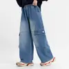 Calça jeans infantil coleção primavera e outono 2026, calça de perna reta estilo street fashion unissex, calça de perna larga solta com perna curva para crianças mais velhas