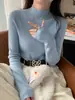 Suéter azul feminino outono e inverno novo estilo gola semi-alta camada de base de tricô Mela azul conjunto top camisa base gola média