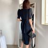 Vestido de Mujer Transfronterizo 2026 Verano Nuevo Estilo Ol Profesional Elegante Cuello Redondo Mangas Abullonadas Cintura Ceñida Longitud Media Bodycon