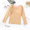 Punto Otoño e Invierno Nuevo Terciopelo Engrosado Talla Grande Ajustado Doble Capa Cálido Manga Larga Cuello Redondo Para Usar Debajo Top de Mujer