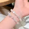 Pulseira de Quartzo Rosa Natural com Diamante Cintilante, Coração de Cupido e Trevo de Quatro Folhas em Madrepérola para Mulheres, Versátil, de Alta Qualidade para Uso Diário