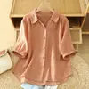 Elegante y moderna camisa de lino de manga corta con solapa para mujer, verano, holgada, que cubre el abdomen, top de lino algodón lino de media manga