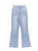 Calça Jeans Flare de Cintura Alta Tk1030 Azul Claro para Mulheres com Estampa nas Costas, Estilo Retrô Americano, Y2K