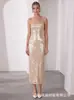 Moda Femenina Euroamericana Vestido Sexy de Tirantes con Lentejuelas Cuadrado Ajustado Bodycon Largo Elegante Formal