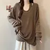 Camiseta de Manga Longa Raglan com Gola Khaki Falsa de Duas Peças Feminina Outono Inverno Nova Tamanho Grande Gordura Meio Comprimento