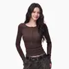 Camiseta Feminina Henley de Manga Longa em Tencel Lyocell com Botões de Concha, Ombro Normal, Camada Base para Outono/Inverno