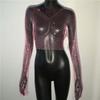 Amazon Transfronterizo Europeo y Americano Nuevos Tops de Malla de Manga Larga Malla Diamante Brillante Sexy Camiseta Dulce y Picante Tops de Malla