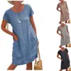 2024 ebay estación independiente wish nuevo verano suelto color liso bolsillo manga corta cuello redondo algodón y lino vestido ropa de mujer