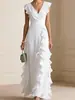 Nuevo vestido transfronterizo de estilo europeo y americano con mangas acampanadas pequeñas, volantes grandes, cuello en V, cintura alta, gasa y diseño hasta el suelo
