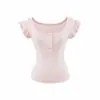 9211-Moda Estilo Europeu Gola Quadrada Manga Curta Camiseta Feminina 2026 Primavera Verão Novo Sexy Emagrecedor Camada Base Top