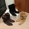 Botas de Vuelco de Piel para Mujer Botas Individuales Otoño e Invierno Nuevas Punta Redonda Tacón Grueso Tacón Alto Plegadas Completamente de Piel Botas de Caña Media para Mujer Tendencia
