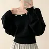 Suéter de punto de un hombro estilo coreano para mujer, nueva colección de otoño, suéter tipo pullover de corte holgado, diseño puro y simple, color liso, top con botones