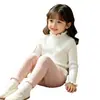 Camiseta de malha com gola alta franzida para meninas, top interno canelado para crianças primavera e outono, camisa slim de manga longa para bebê