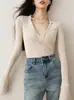 Camisa Base de Tricô de Lã Ron Estilo Francês Chique Slim Fit Decote V Outono e Inverno Top Interno de Manga Longa de Alta Qualidade