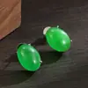 Pendientes de calcedonia, pendientes geométricos simples con cabujón ovalado de calcedonia verde, nuevos pendientes de estilo chino de lujo ligero para primavera-verano