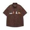 Camisa de Veludo Cotelê de Manga Curta Bordada com Gato Retrô Estilo Americano para Homens e Mulheres Verão Solta Estilo Casual de Casal Estilo Hong Kong