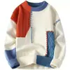Suéter de punto con bloques de color, patchwork, personalizado, cosido, cuello redondo, engrosado, estilo casual para hombre, suéter pullover para pareja