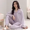 Pijama de Algodón Puro de Manga Larga para Mujer Otoño e Invierno Se Puede Usar Afuera Cardigan Solapa Simple Nuevo Dibujos Animados Conjunto de Ropa de Casa 100% Algodón