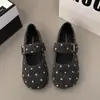 Camurça versátil bico quadrado novo estilo 2026 retrô poá tira única corte baixo plano sola macia Mary Jane sapatos de salto único fivela feminino