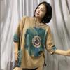 Chica gordita Verano Color Manga Corta Algodón y Lino Camiseta Mujer talla grande Holgado Cubre Carne Seda de Hielo Cuello Redondo Tejido Superior 90.00kg