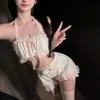 Conjunto de Lingerie Erótico Japonês Plus Size Estilo Empregada Puro Desejo Renda Menina Macia Transparente com Amarração na Nuca Saia Curta Fofa Sexy