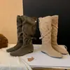 Primer Encuentro Temporada Botas Chunky de Plataforma de Tacón Alto Botas Largas para Mujer Otoño 2026 Nuevo Retro Gamuza Merade Punta Cuadrada