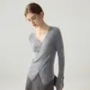 Suéter de Cachemir Europeo y Americano Otoño/Invierno Nuevo para Mujer con Cuello Cruzado, Manga Larga, Corte Ajustado, Favorecedor, Base Irregular