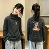 Camiseta Térmica de Manga Larga Base Casual para Niña Otoño/Invierno Nuevo Estilo Cuello Semi Alto Parte Superior Cepillada Ropa Interior Rayada para Bebé
