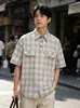 Camisa Retro Japonesa Xadrez Patchwork Versátil Manga Curta Masculina Primavera Verão Novo Popular Roupa de Trabalho Gola Lapela Casual Top Feminino