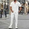 2025 Verão Novo Conjunto de Duas Peças Masculino Europeu e Americano Estação Independente Cor Sólida Bolso com Botão Camisa Manga Curta Calça