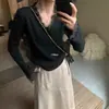 2025 Cachemir Versátil Design Renda Costura Cor Pura Gola V Suéter Tricotado Slim Camisa Base Top Roupa Feminina