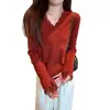 2025 Cachemir Versátil Design Renda Costura Cor Pura Gola V Suéter Tricotado Slim Camisa Base Top Roupa Feminina