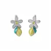 Brincos de flor de zircônia super brilhantes com gota de óleo de limão, agulha de prata, brincos versáteis da moda, brincos de luxo leve de alta qualidade para mulheres