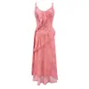 Vestido largo elegante de estilo francés con tirantes de volantes florales y escote en V, nuevo modelo de verano 2026, entallado a la cintura, adelgazante, estampado