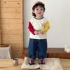 Ropa de otoño para bebé niño, camiseta raglán con bloques de color, estilo coreano, estampado de dibujos animados lindo, camiseta básica versátil para bebés y niños pequeños